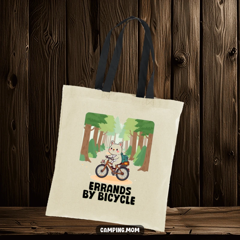 Funny camping animal tote bag, playfully riding a bicycle down a forest path, ready for any adventure or outing.