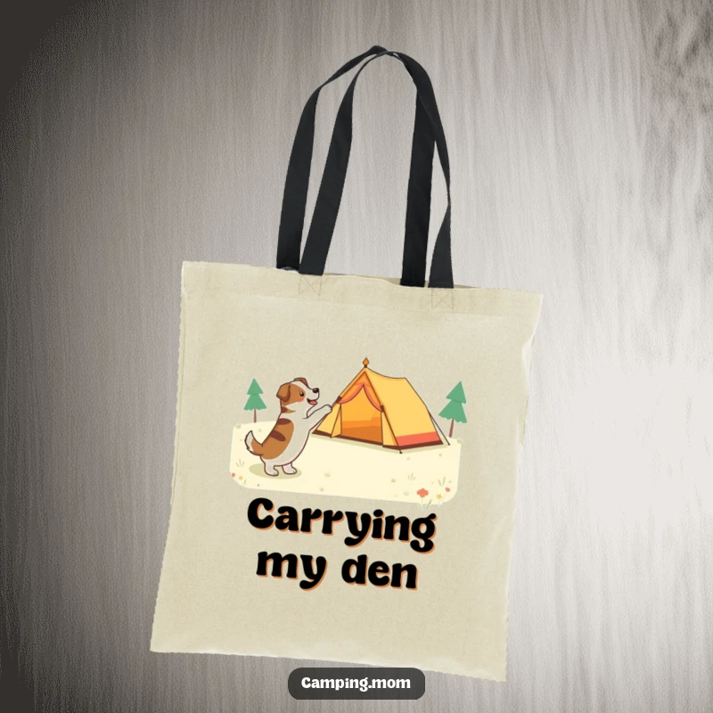 Funny dog pointing with excitement at a pitched tent in a clearing, featured on a sturdy canvas tote bag.