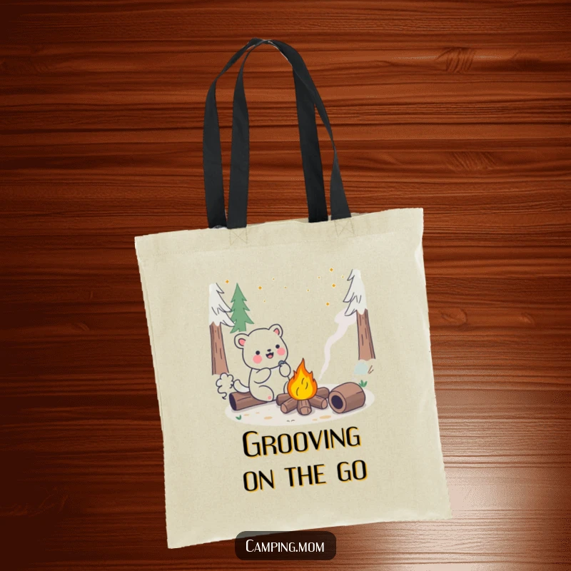 Funny Kawaii Camping Animal Tote Bag showing a joyful singing creature next to a cheerful campfire. Ideal for music lovers.