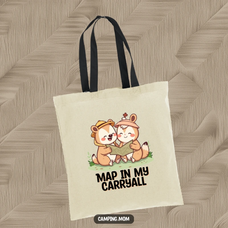Funny Kawaii camping animal tote bag showing a cute creature giggling over a map. Perfect for adventure essentials. Gift.